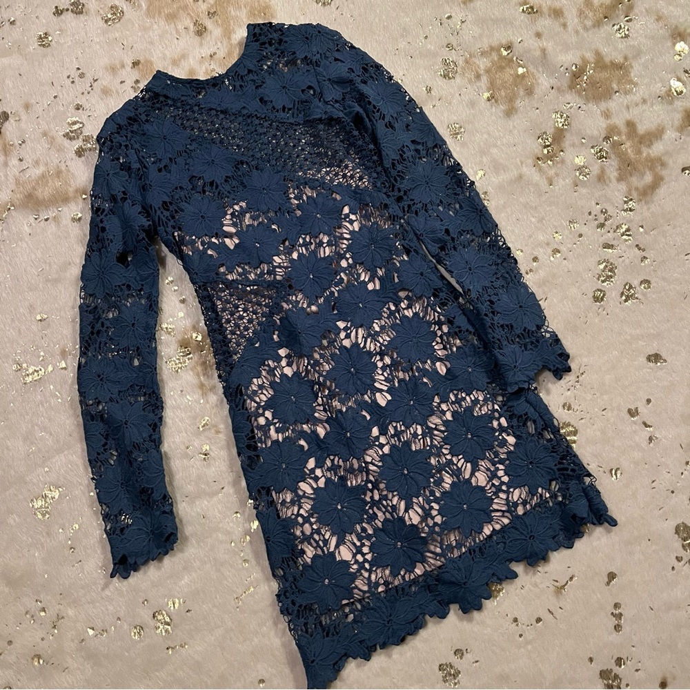 Akira M Blue Lace Dress Lined Long Sleeve